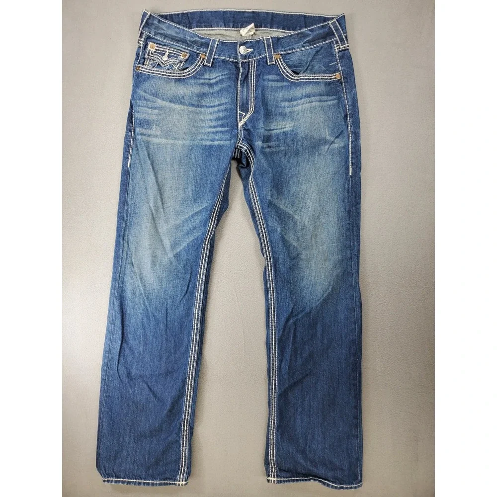 True Religion Straight Jeans Mens 38x33 Blue Big T Stitch Flap‎ Pocket USA Made